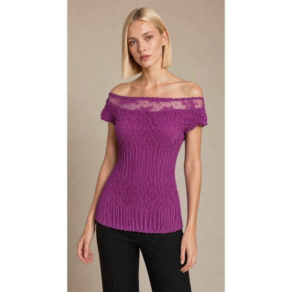 Komarov Purple Accordion Pleated Lace Off Shoulder Top S
